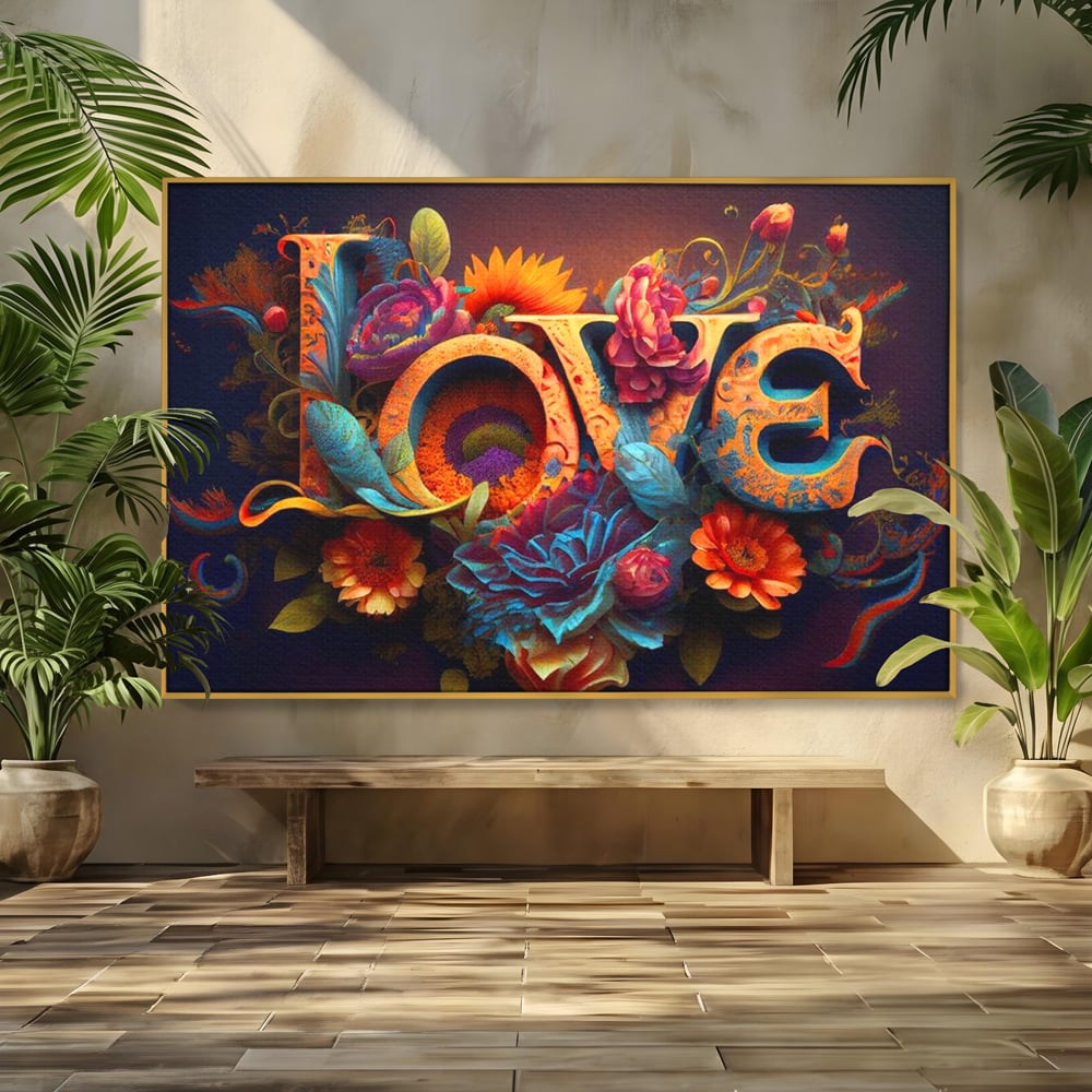 Tablou canvas cu tablou canvas cu litere florale stilizate, in rama de aluminiu auriu
